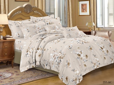 КПБ Cleo полисатин "Art Color" полуторный 145*215*1 150*220*1(±5) 70*70*2(±2) (15/253-AC, Цветы, Бежевый)