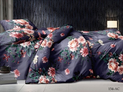 Ткань ПОЛИСАТИН 90 ± 5 гр/м2 (154-AC(A), Цветы, Синий)