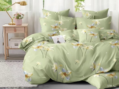 КПБ Cleo полисатин "Art Color" полуторный 145*215*1 150*220*1(±5) 70*70*2(±2) (15/170-AC, Цветы, Зеленый)
