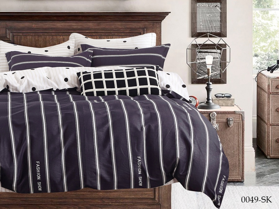 КПБ Cleo сатин набивной "Satin de Luxe" евро 200*220*1 230*250*1(±5) 50*70+5*2 70*70*2(±2) (31/0049-SK, Полоска, Синий)