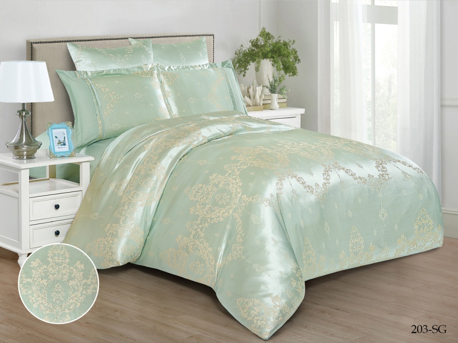 КПБ Cleo "Satin Jacquard" двуспальный 180*215*1 220*240*1(±5) 50*70+5*2(±2) 70*70*2(±2) (21/203-SG, Узоры, Зеленый)