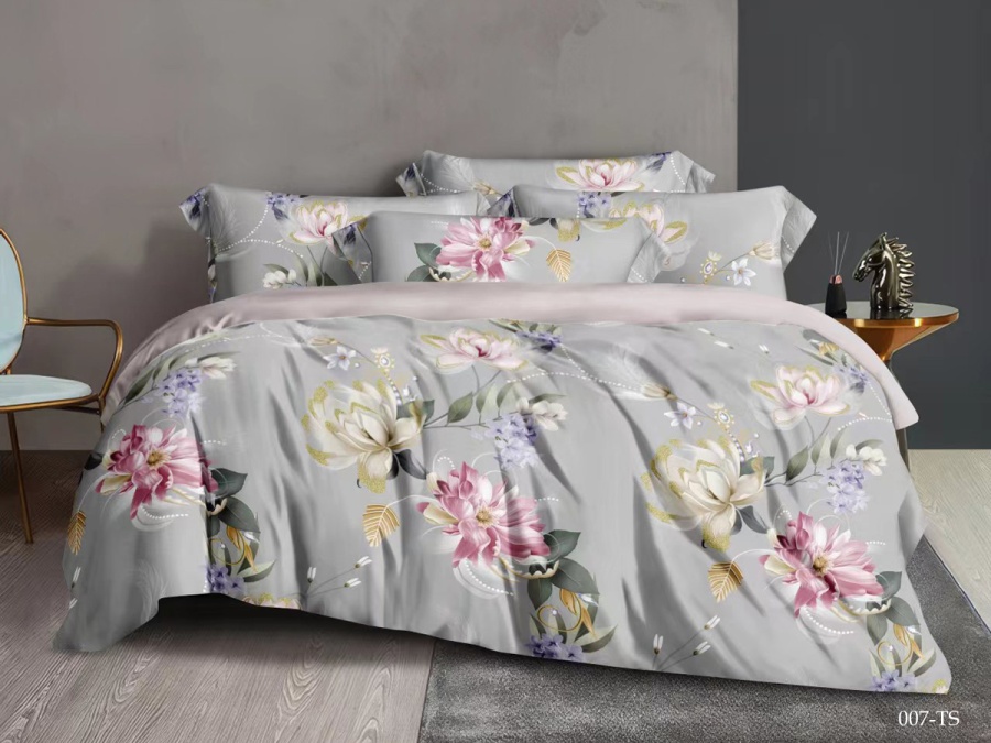 КПБ Cleo тенсель "Soft Tencel" двуспальный 180*210*1 230*240*1(±5) 50*70*2(±8) RU (22/1007-TS, Цветы, Серый)