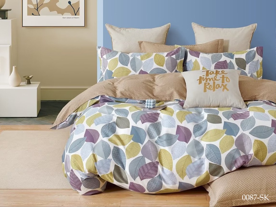 КПБ Cleo сатин набивной "Satin de Luxe" полуторный 150*210*1 160*230*1(±5) 70*70*2(±2) (15/0087-SK, Листья, Мультиколор)