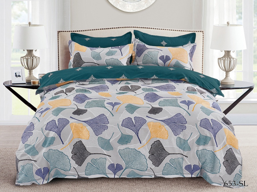 КПБ Cleo сатин набивной "Satin Lux" двуспальный 175*215*1 200*220*1(±5) 70*70*2(±2) (20/653-SL, Листья, Мультиколор)